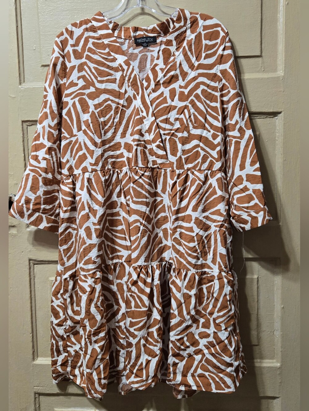 Rachel Zoe Brown White Abstract V-Neck Dress NWOT Size: XL - Picture 1 of 4